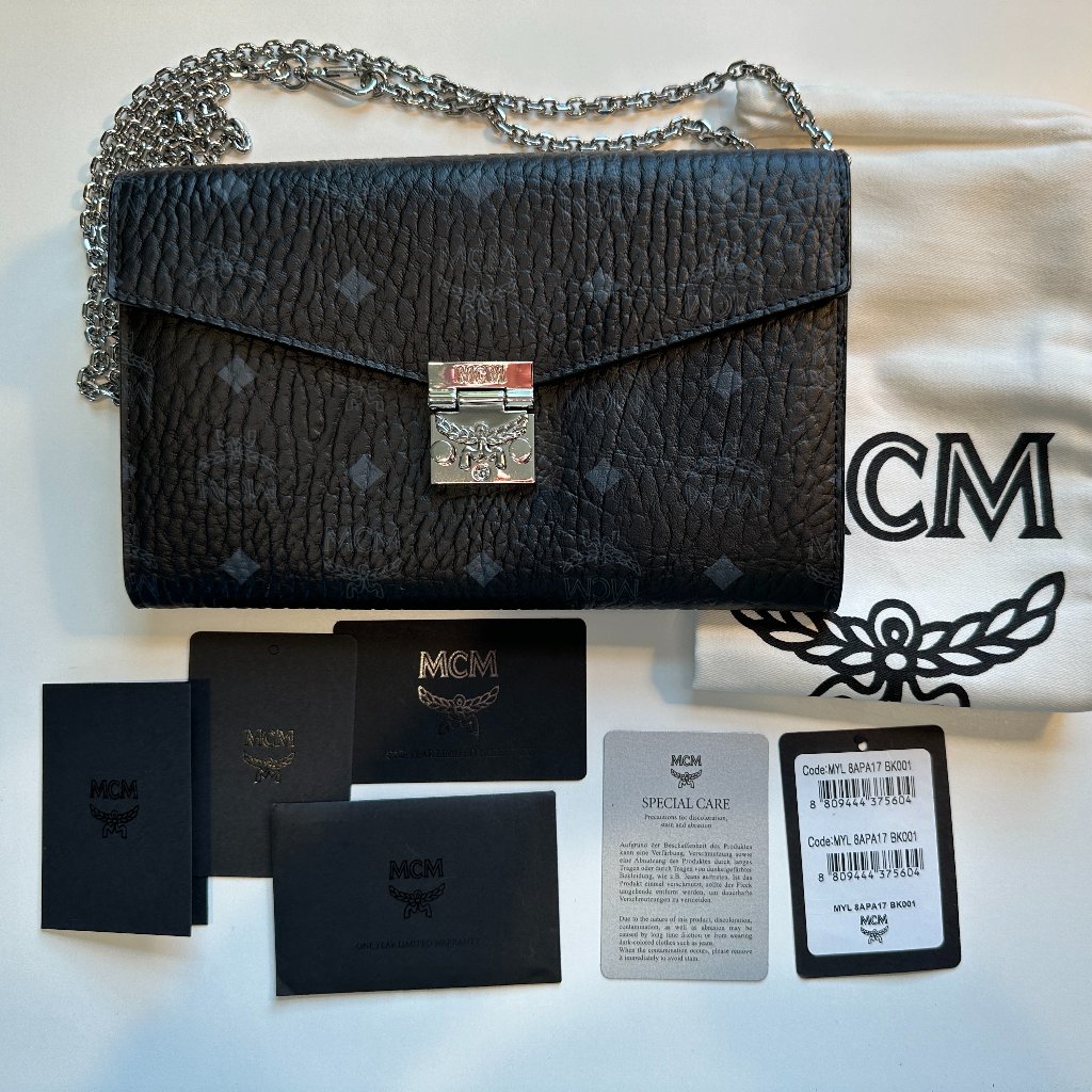 Mcm Black Wallet/Purse On Chain, Rarely Used, Dust Bag And Mcm Booklets/Collate